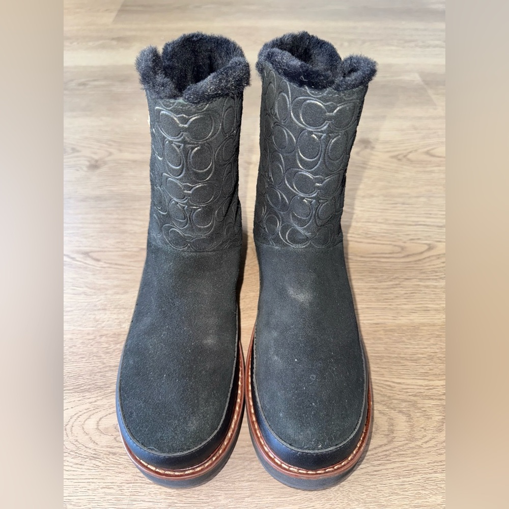 Coach Isa Jacquard Logo Fur Lined Suede Women’s Black Boots- Size 7.5 - Picture 3 of 14
